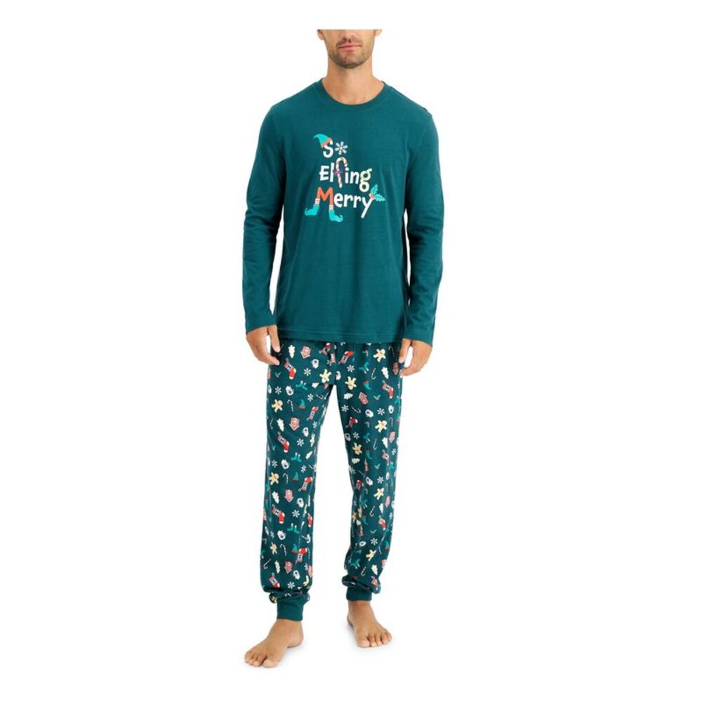 FAMILY PJs Mens So Elfing Merry Green Long Sleeve Top Cuffed Pants Pajamas XXL
